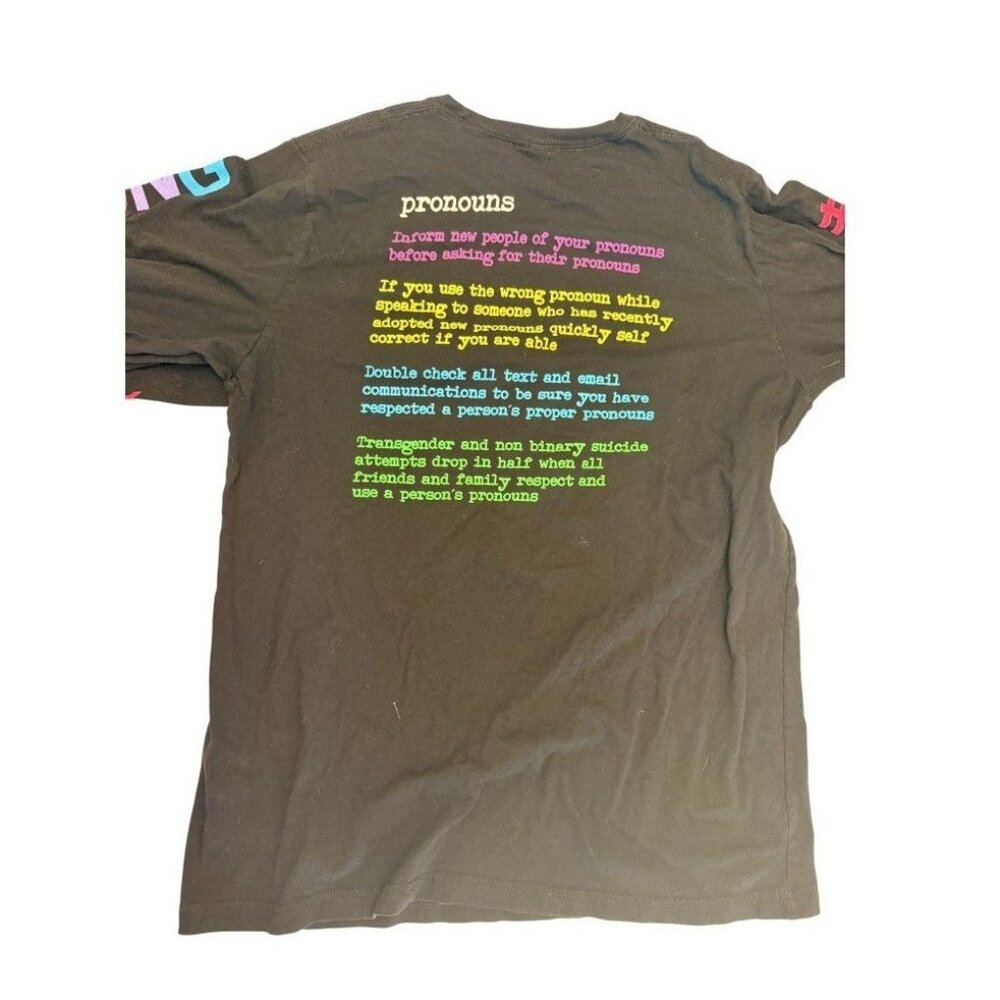 Pronouns Save Lives Rainbow Long Sleeve Graphic Tee Black Bella Canvas Unisex - Picture 3 of 9